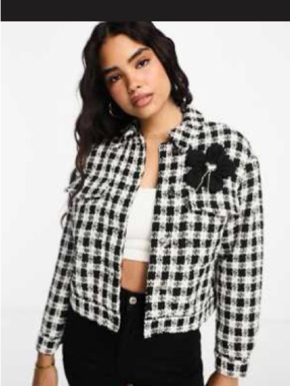 Black and White Plaid Cropped Bomber Jacket with Floral Appliqué